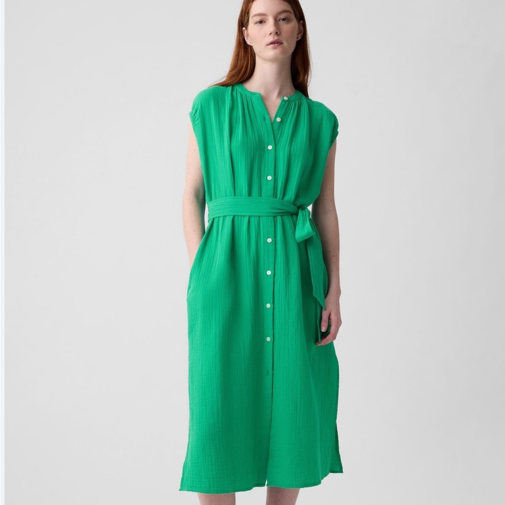 GAP Gauze Green Button-Front Belted Dress